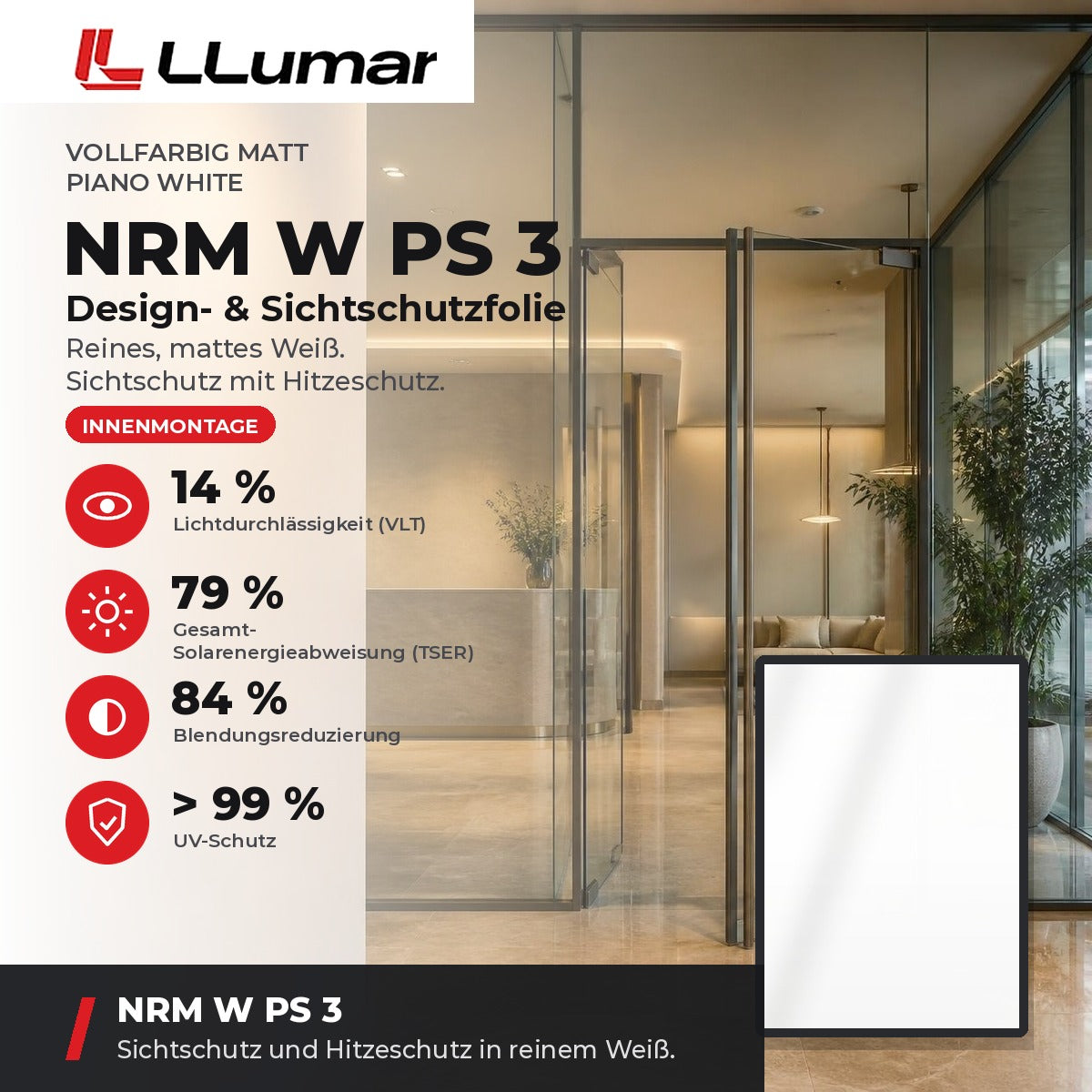 LLumar NRM W PS 3 Design- & Sichtschutzfolie – Vollfarbig matt Piano White: VLT 14 %, TSER 79 %, Blendungsreduzierung 84 %