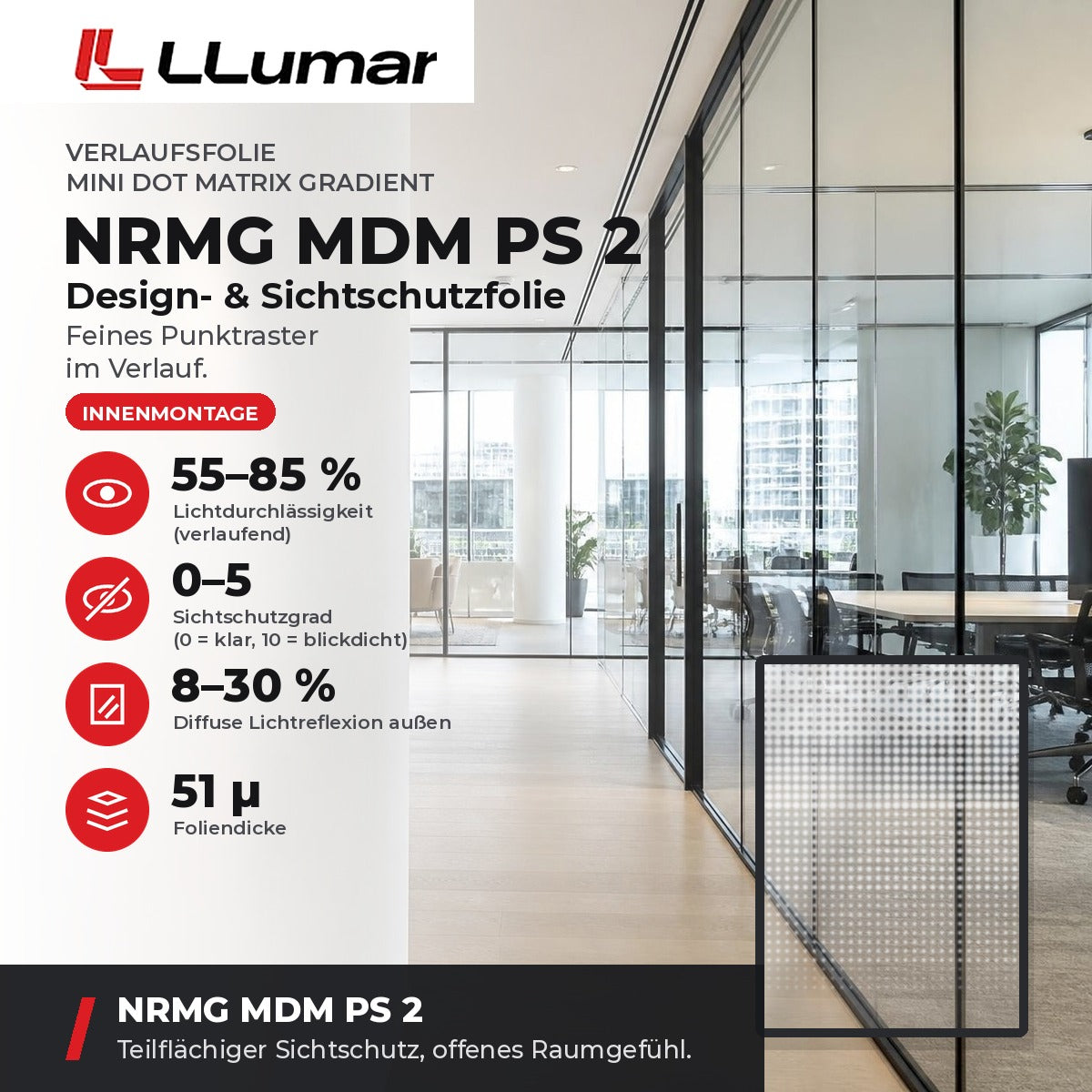 LLumar NRMG MDM PS 2 Design- & Sichtschutzfolie – Verlaufsfolie Mini Dot Matrix Gradient: Lichtdurchlässigkeit 55–85 %, Sichtschutzgrad 0–5, Diffuse Lichtreflexion außen 8–30 %