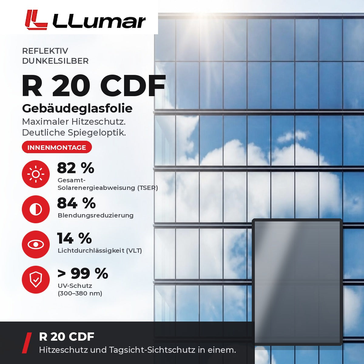 LLumar R 20 CDF Gebäudeglasfolie – Reflektiv Dunkelsilber: TSER 82 %, VLT 14 %, Blendungsreduzierung 84 %