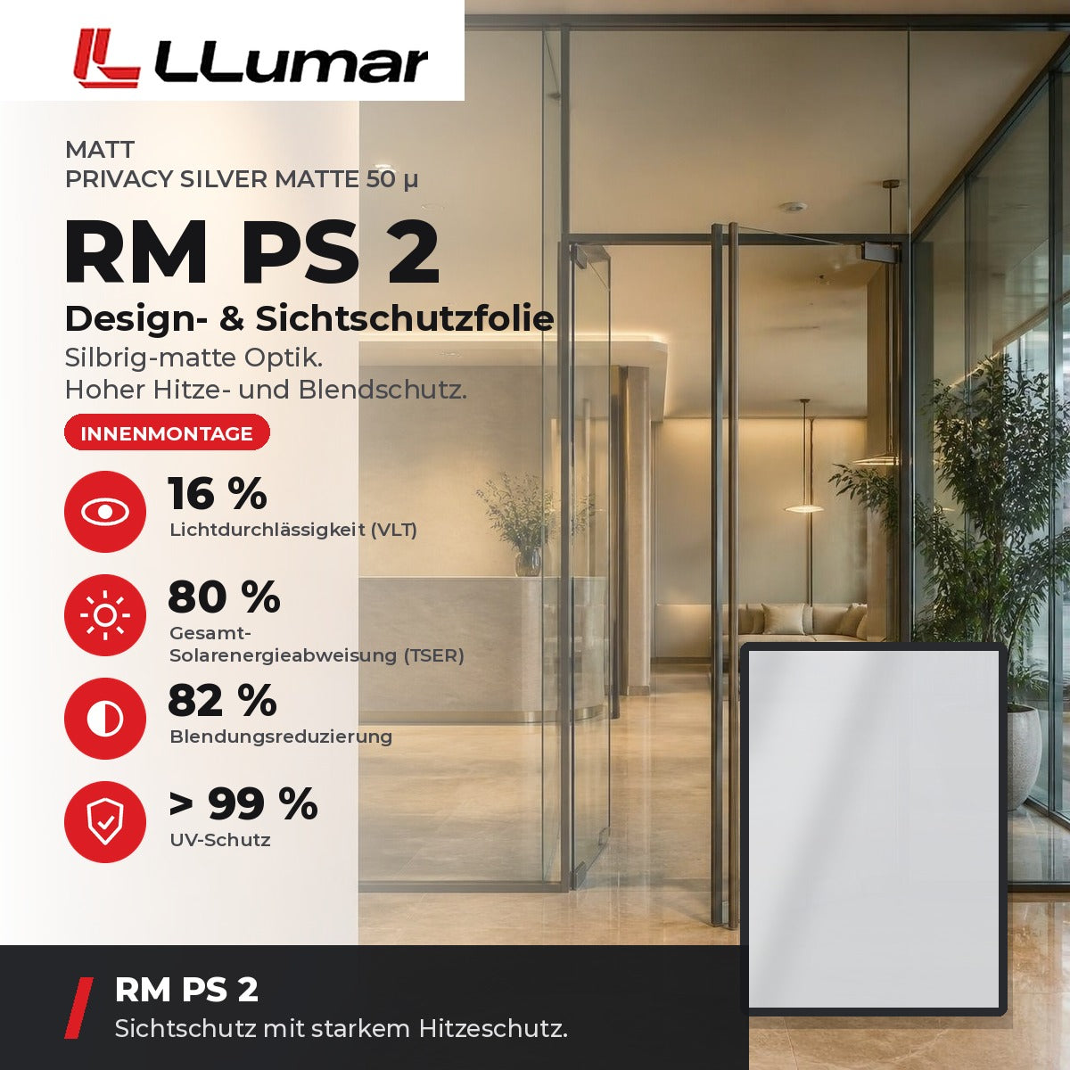LLumar RM PS 2 Design- & Sichtschutzfolie – Matt Privacy Silver Matte 50 µ: VLT 16 %, TSER 80 %, Blendungsreduzierung 82 %