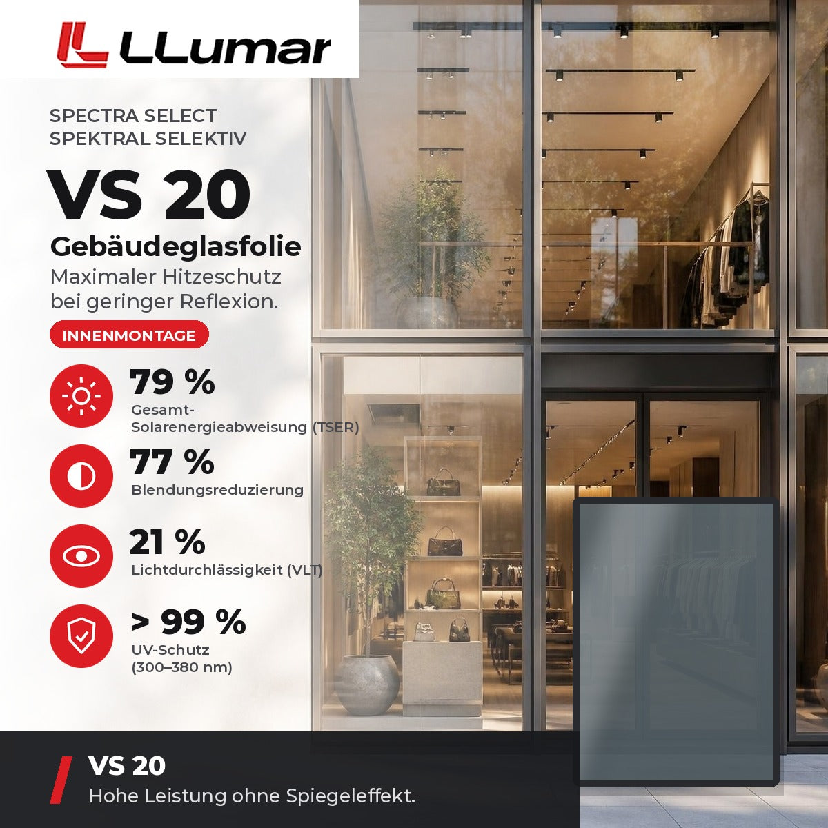 LLumar VS 20 Gebäudeglasfolie – Spectra Select Spektral selektiv: TSER 79 %, VLT 21 %, Blendungsreduzierung 77 %
