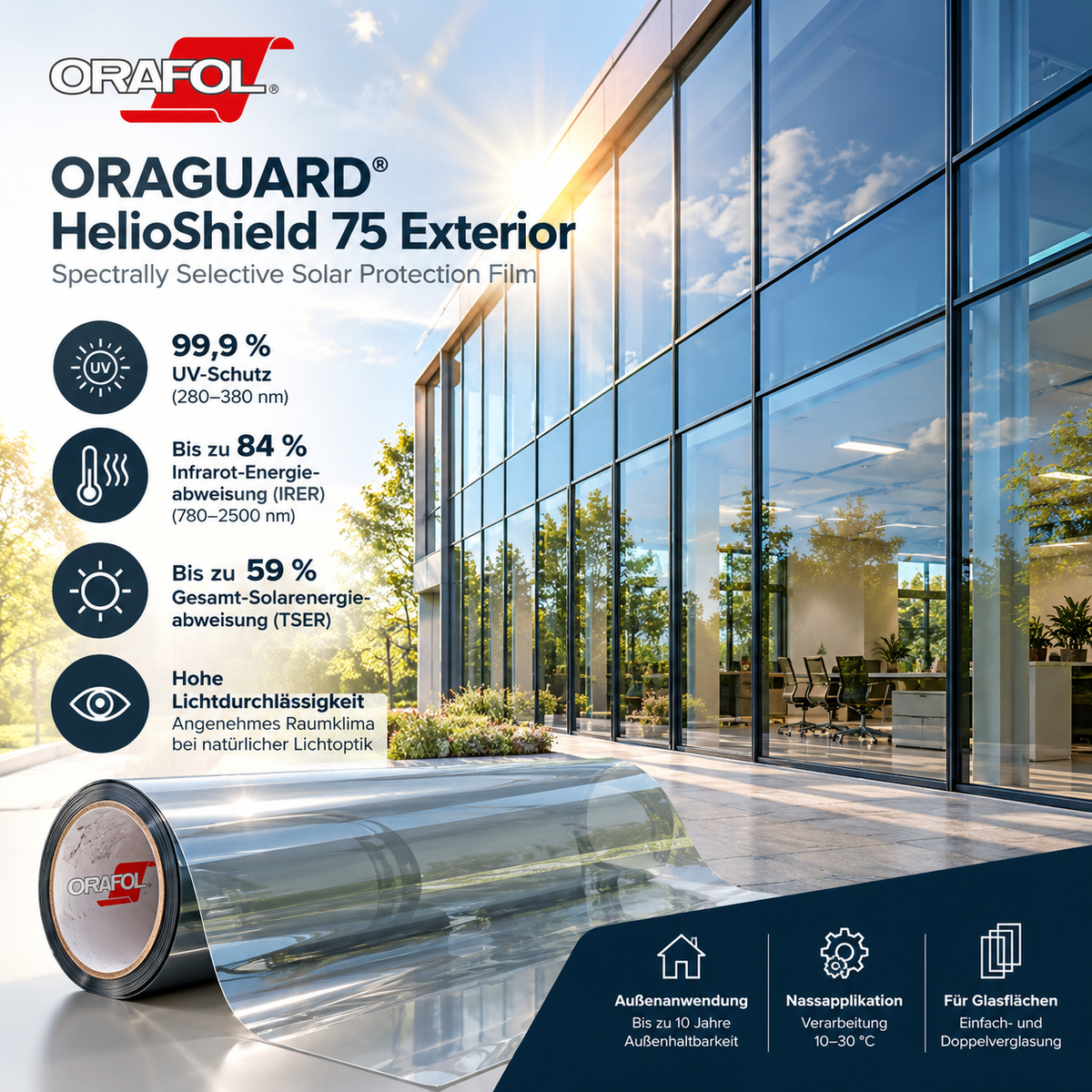 ORAGUARD HelioShield 75 EXT – spektralselektive Sonnenschutzfolie für die Außenverlegung
