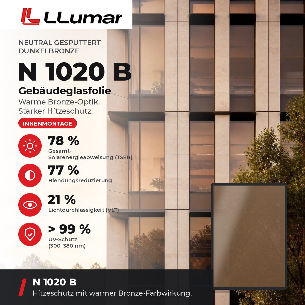 LLumar N 1020 B Gebäudeglasfolie – Neutral gesputtert Dunkelbronze: TSER 78 %, VLT 21 %, Blendungsreduzierung 77 %
