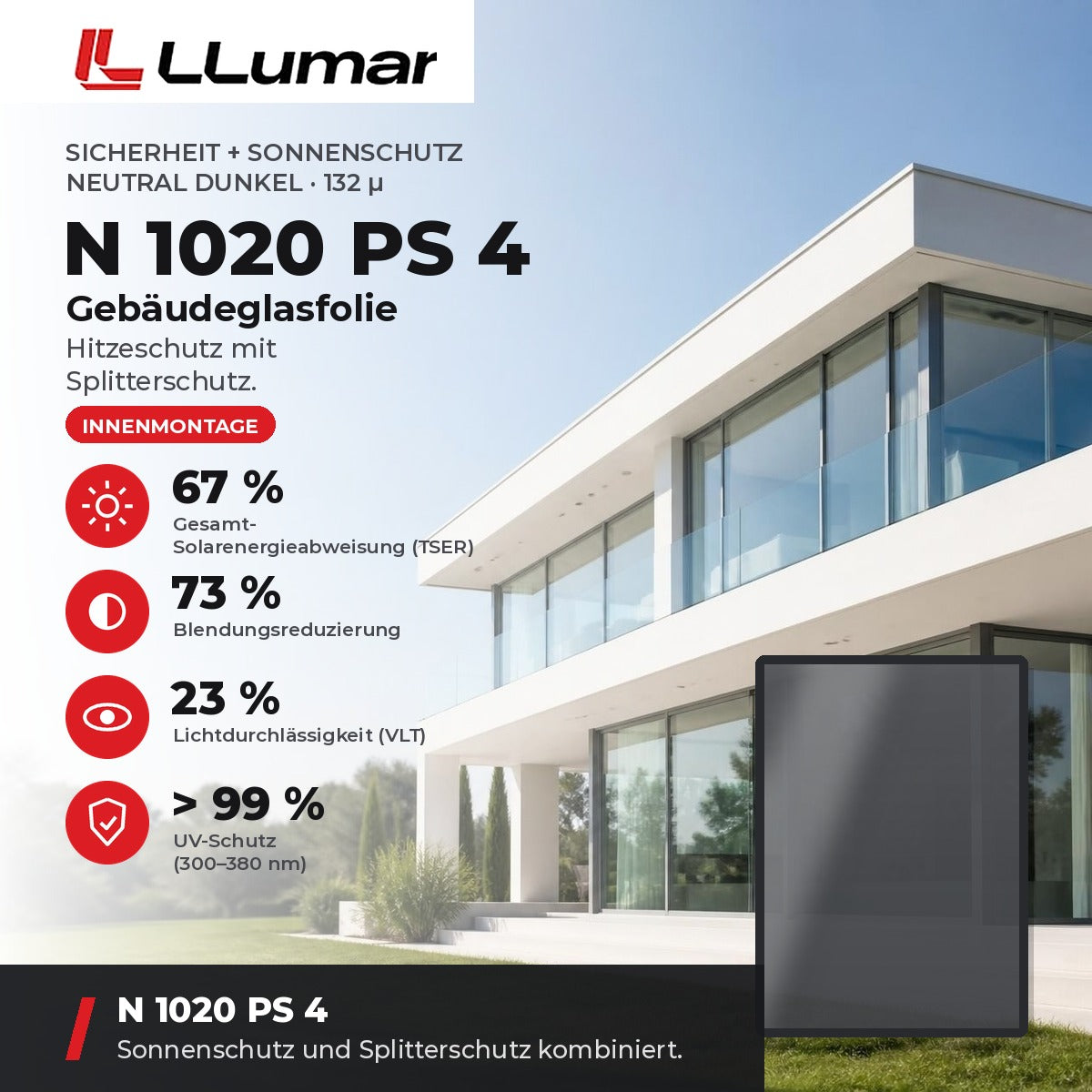 LLumar N 1020 PS 4 Gebäudeglasfolie – Sicherheit + Sonnenschutz Neutral Dunkel: TSER 67 %, VLT 23 %, Blendungsreduzierung 73 %