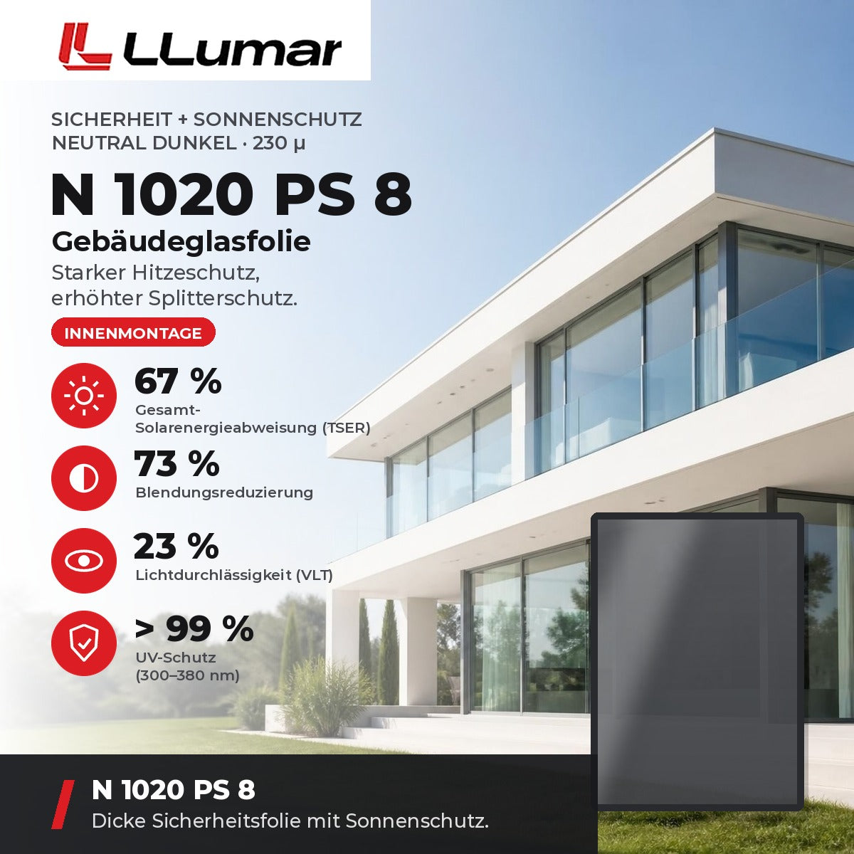 LLumar N 1020 PS 8 Gebäudeglasfolie – Sicherheit + Sonnenschutz Neutral Dunkel 230 µ: TSER 67 %, VLT 23 %, Blendungsreduzierung 73 %