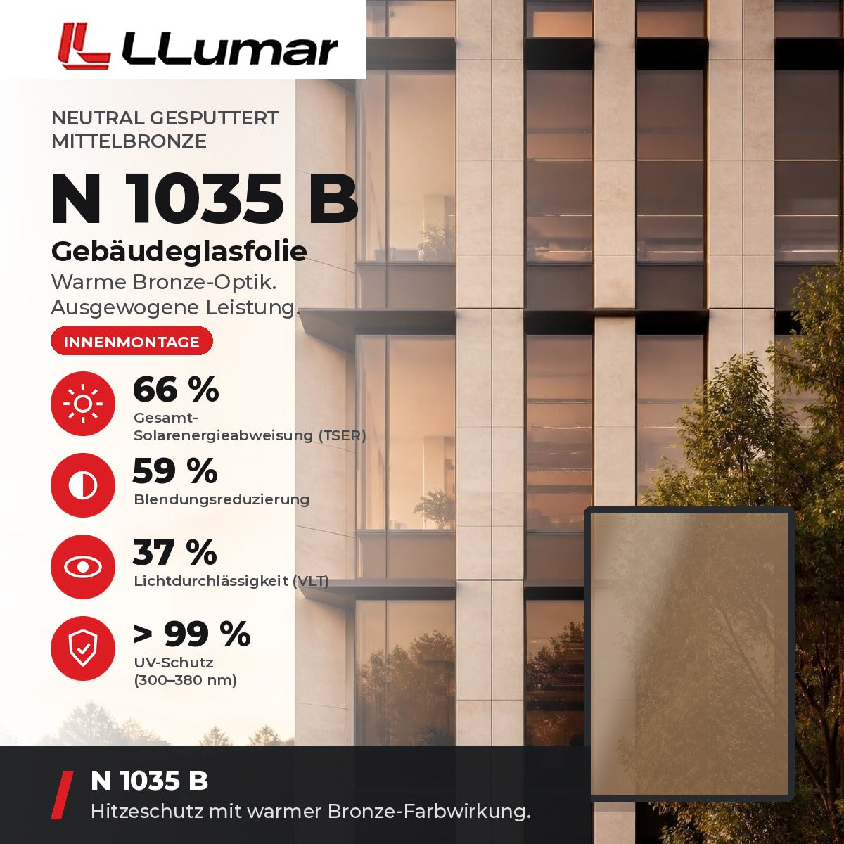 LLumar N 1035 B Gebäudeglasfolie – Neutral gesputtert Mittelbronze: TSER 66 %, VLT 37 %, Blendungsreduzierung 59 %