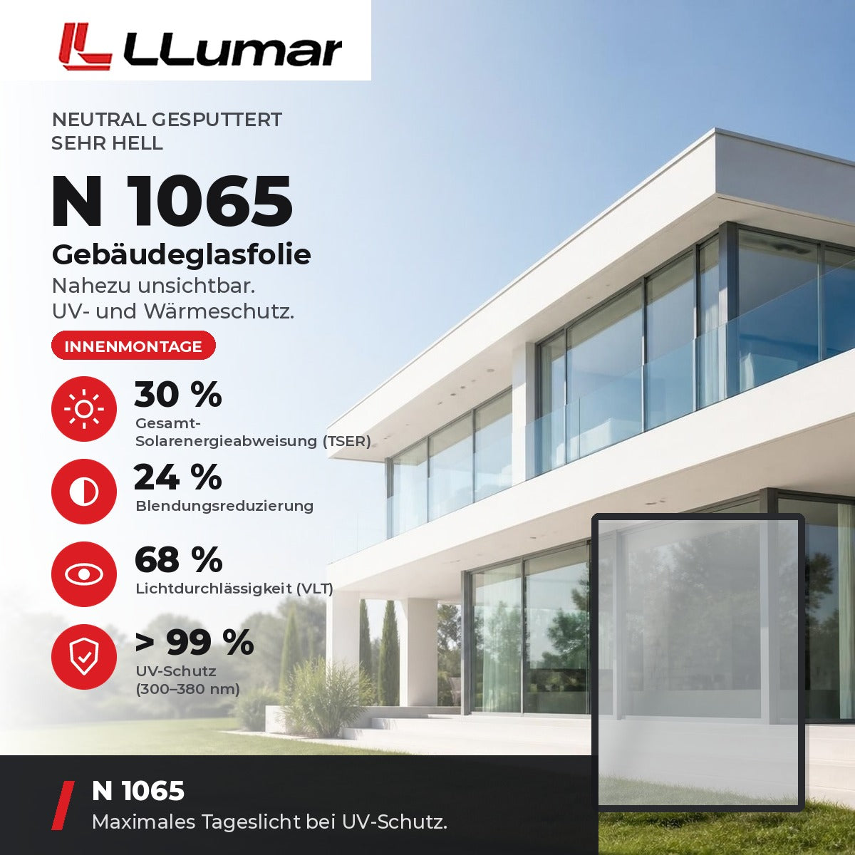 LLumar N 1065 Gebäudeglasfolie – Neutral gesputtert Sehr hell: TSER 30 %, VLT 68 %, Blendungsreduzierung 24 %