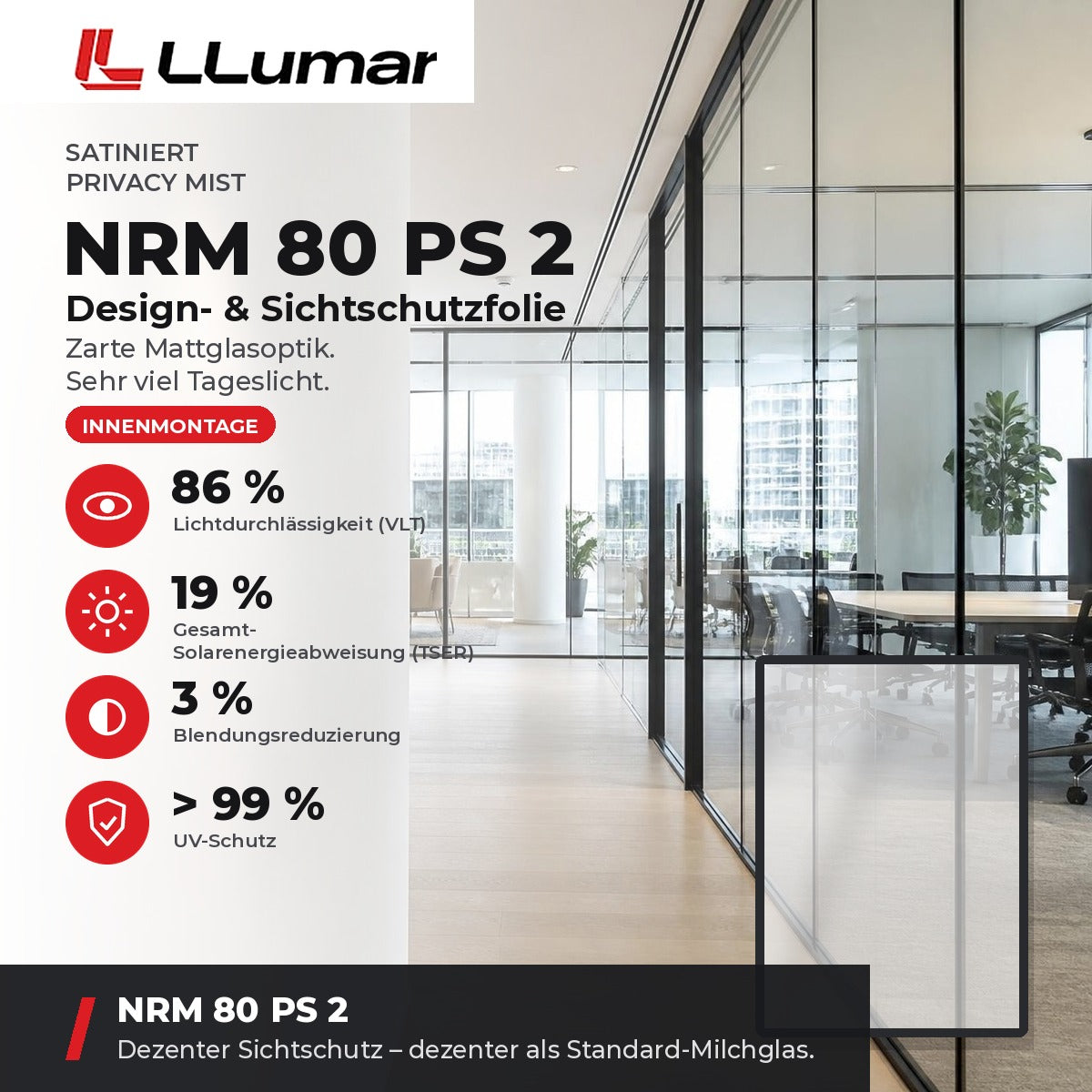 LLumar NRM 80 PS 2 Design- & Sichtschutzfolie – Satiniert Privacy Mist: VLT 86 %, TSER 19 %, Blendungsreduzierung 3 %