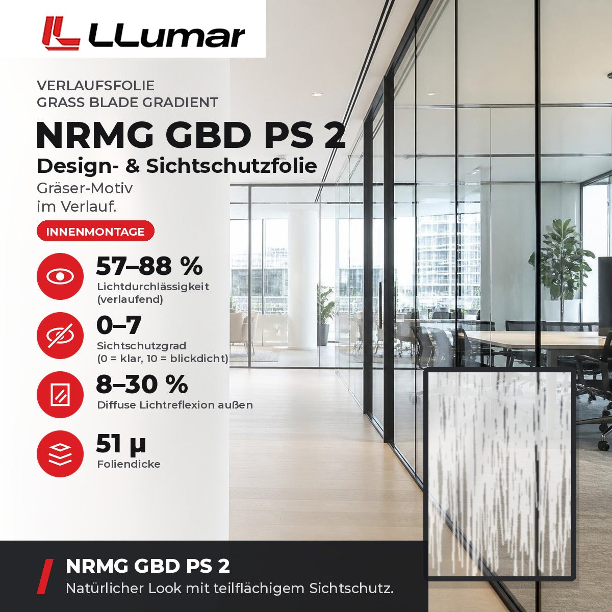 LLumar NRMG GBD PS 2 Design- & Sichtschutzfolie – Verlaufsfolie Grass Blade Gradient: Lichtdurchlässigkeit 57–88 %, Sichtschutzgrad 0–7, Diffuse Lichtreflexion außen 8–30 %