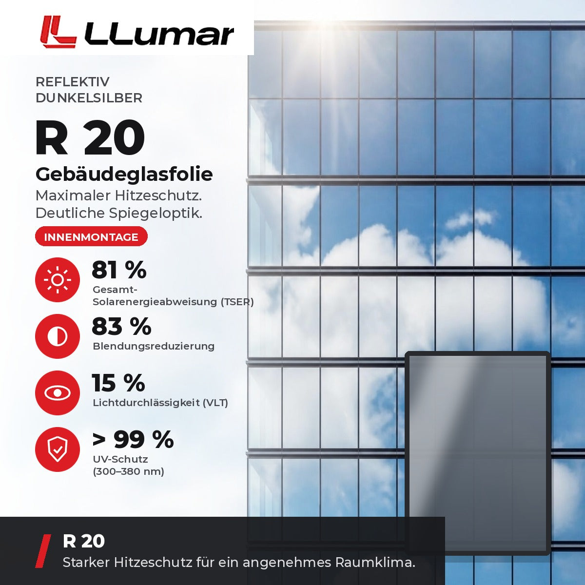 LLumar R 20 Gebäudeglasfolie – Reflektiv Dunkelsilber: TSER 81 %, VLT 15 %, Blendungsreduzierung 83 %