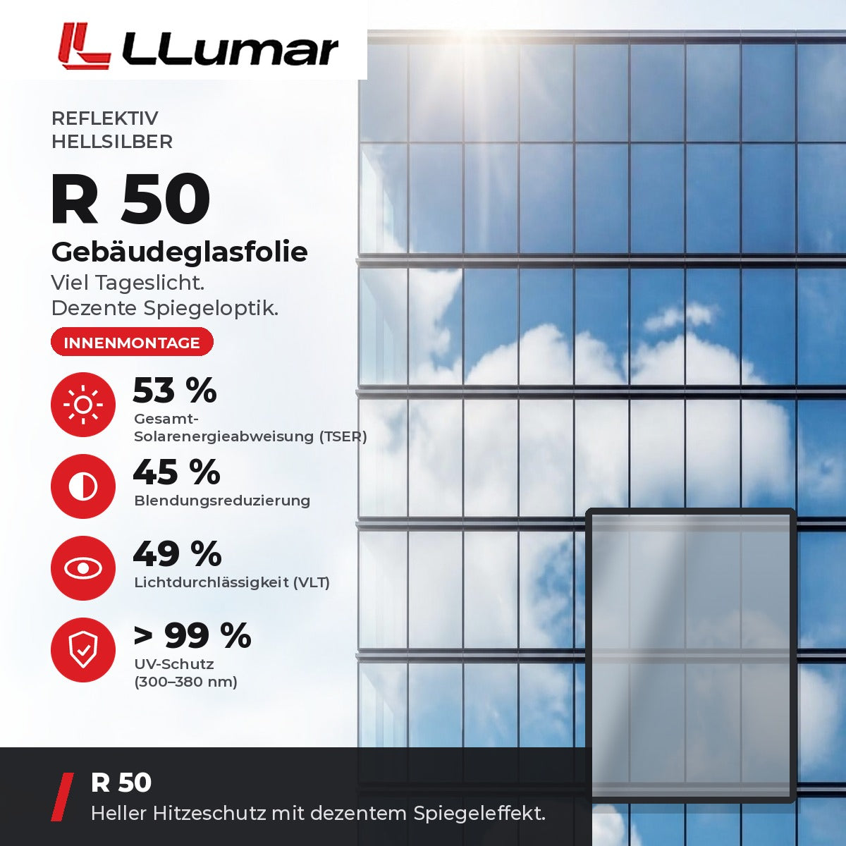 LLumar R 50 Gebäudeglasfolie – Reflektiv Hellsilber: TSER 53 %, VLT 49 %, Blendungsreduzierung 45 %