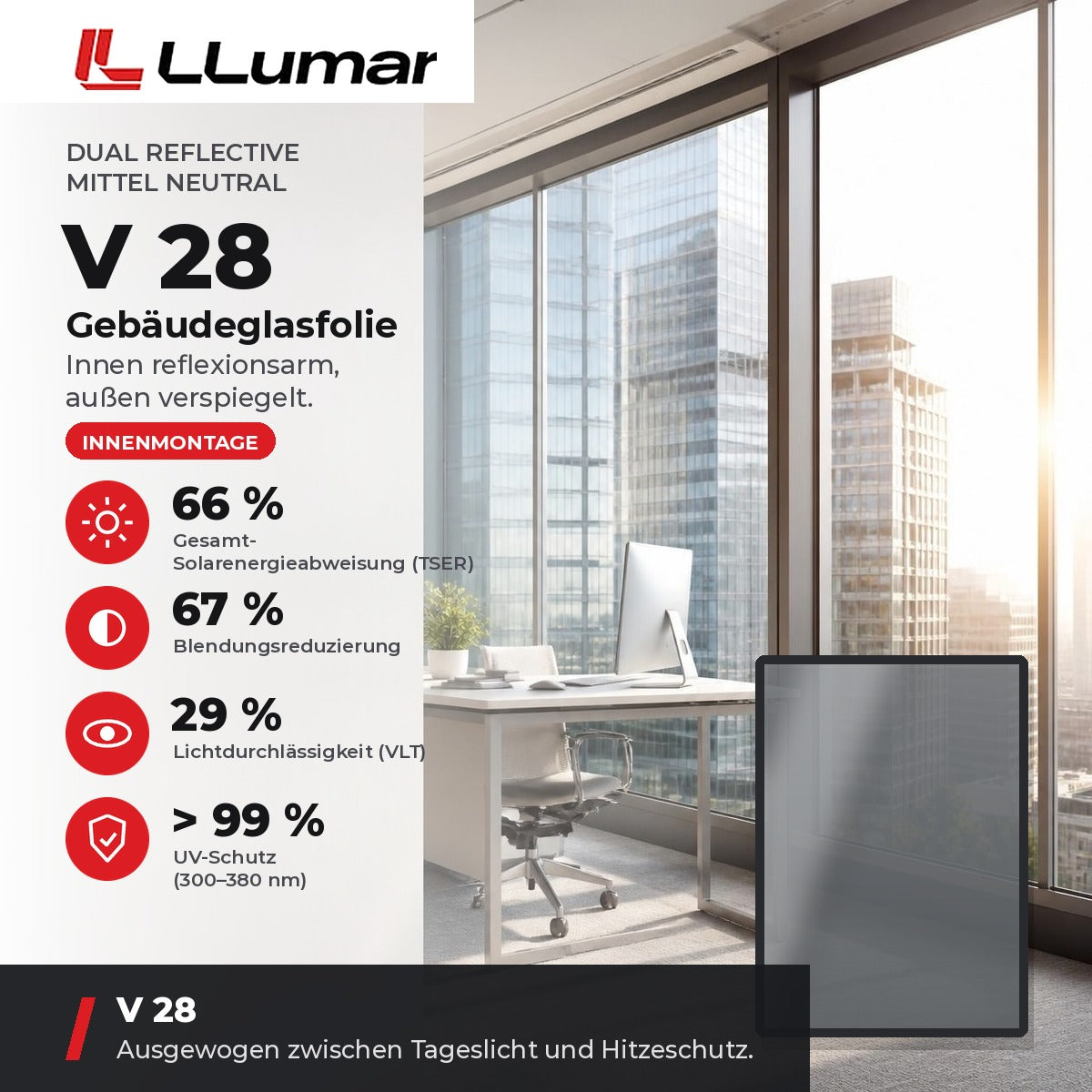 LLumar V 28 Gebäudeglasfolie – Dual Reflective Mittel Neutral: TSER 66 %, VLT 29 %, Blendungsreduzierung 67 %