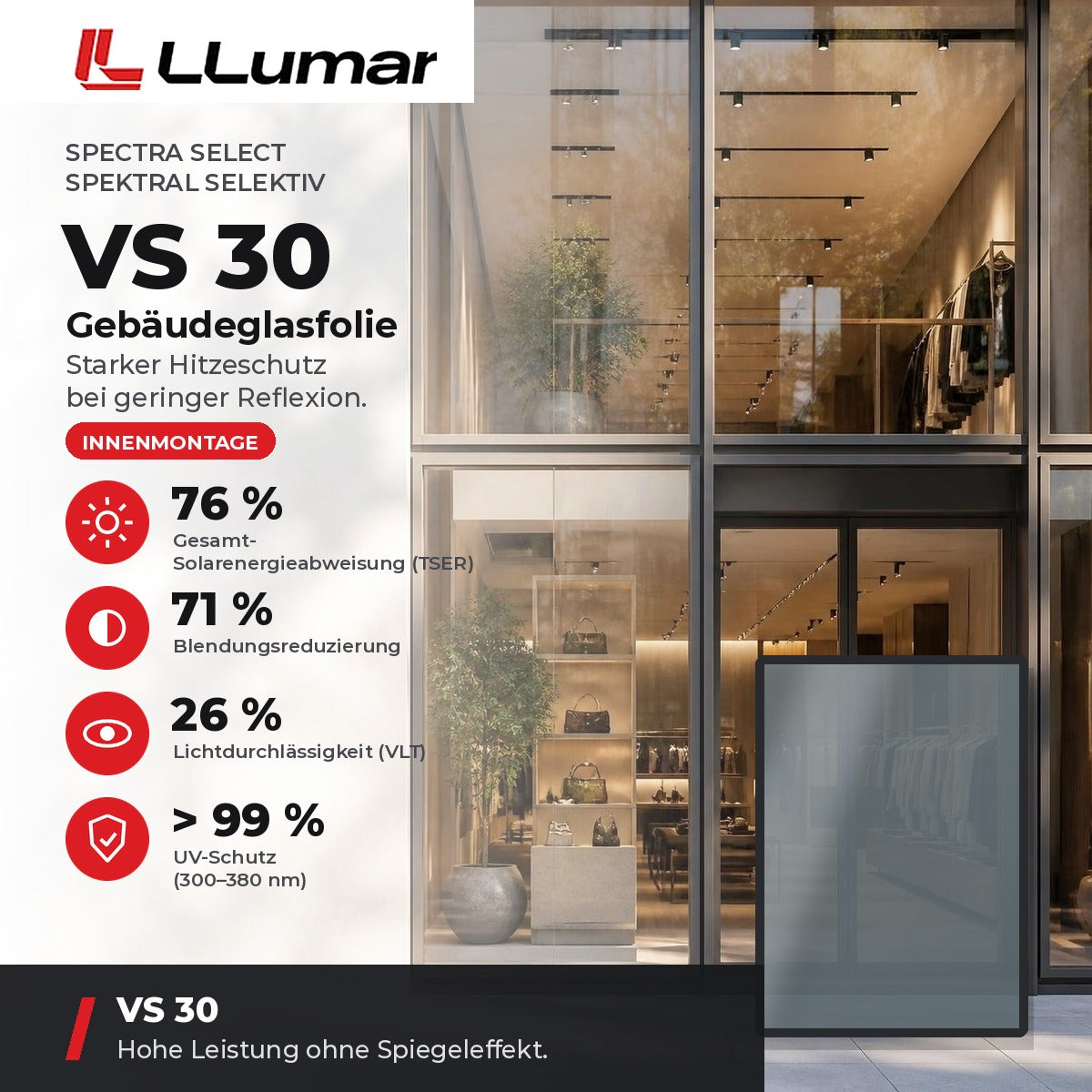 LLumar VS 30 Gebäudeglasfolie – Spectra Select Spektral selektiv: TSER 76 %, VLT 26 %, Blendungsreduzierung 71 %