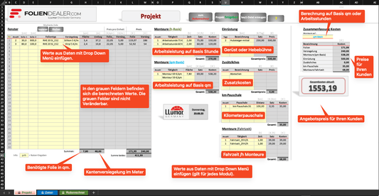 Excel-Tool zur Berechnung von Angeboten zur Verlegung von Folien auf Gebäudeglas - Foliendealer.com