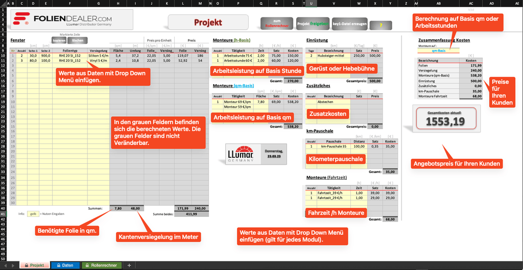 Excel-Tool zur Berechnung von Angeboten zur Verlegung von Folien auf Gebäudeglas